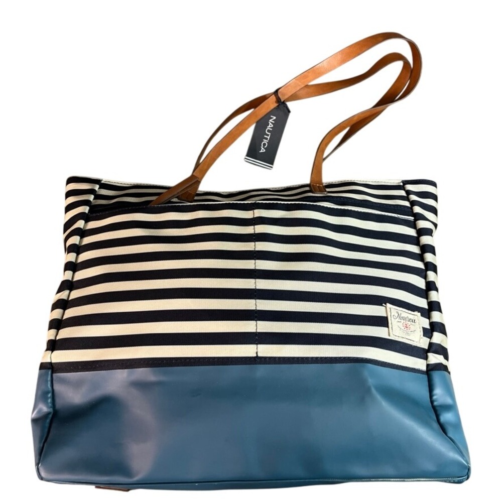 NWT Nautica Striped Canvas Tote Bag Navy White Teal Blue Large Beach Travel